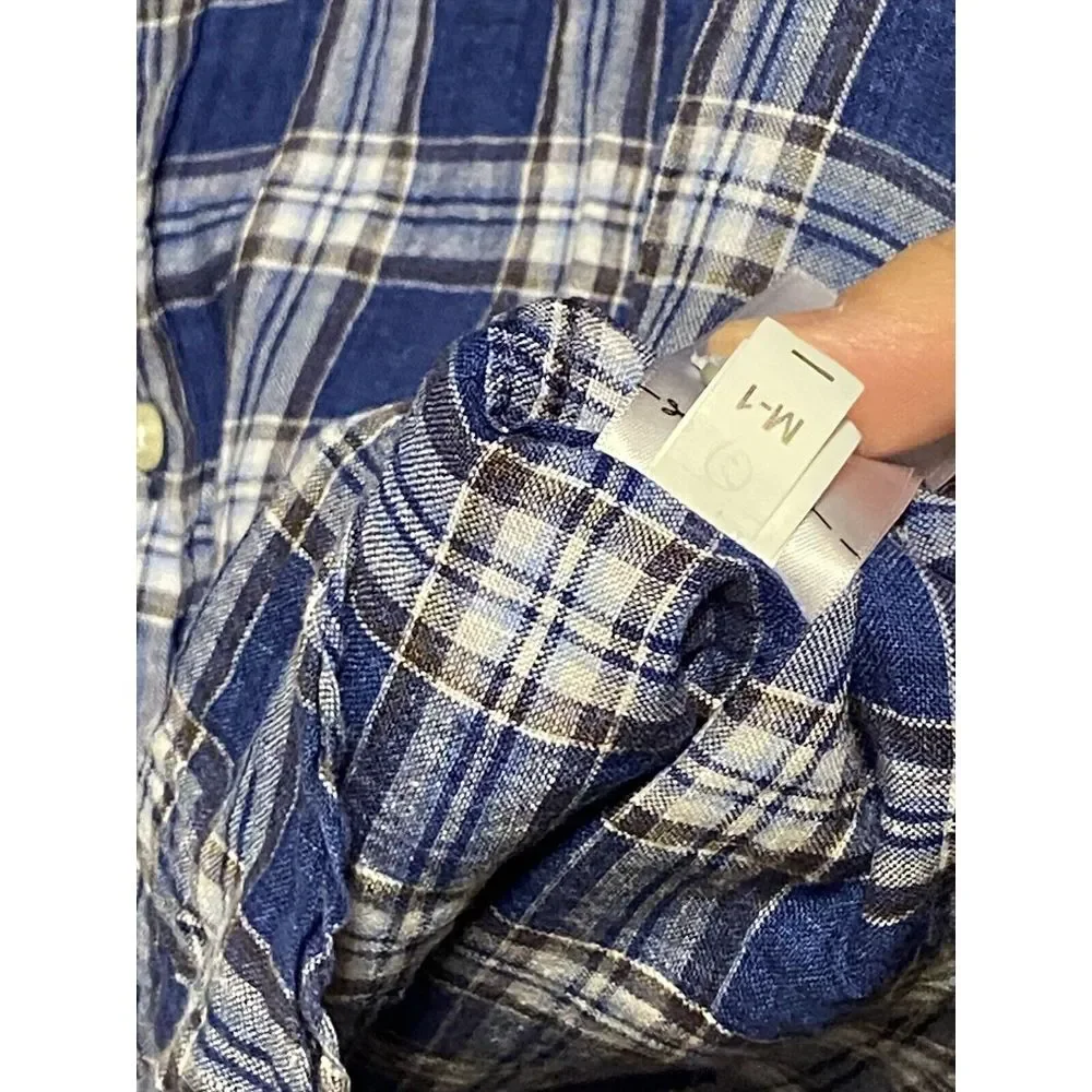 Banana Republic Shirt Men L Blue‎ Plaid Linen Button Up Camden Standard Casual